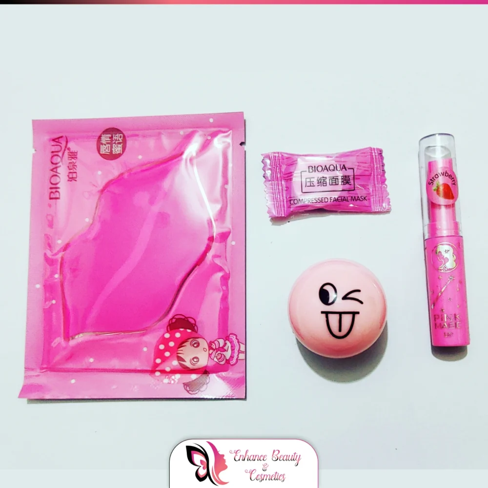 4 in 1 Makeup Deal Skin Care Makeup Deal Best Bulk Deal - Pink Magic Lip Balm + Compressed Facial Sheet Mask + Emoji Lip Balm + Moisturizing Lip Sheet