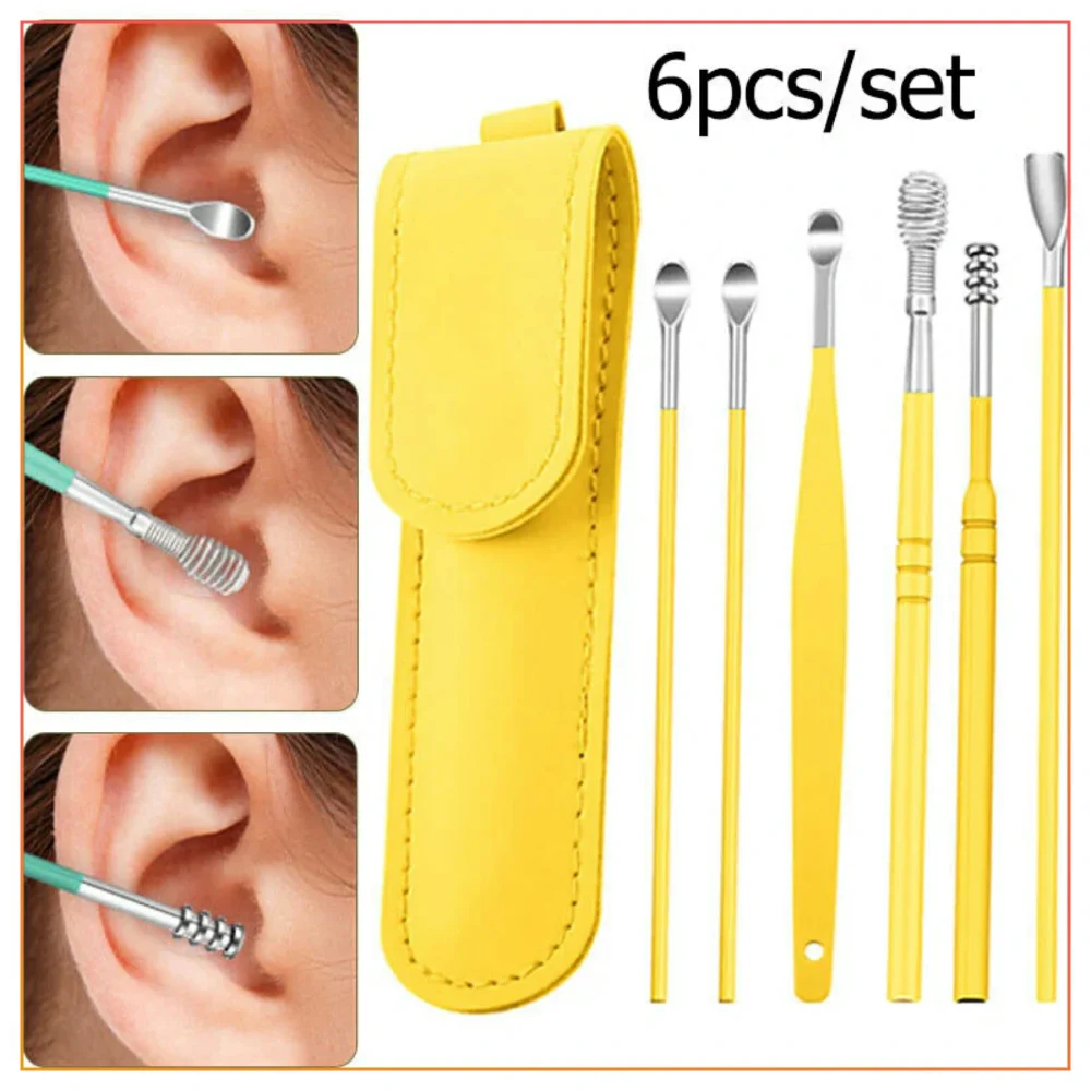Ear Wax Cleaning Kit Set , 6 Pcs Ear Pick Tools,Spring Earwax Cleaner Tool Ear Wax Remover, Reusable Ear Cleaner for Children and Adult-Yellow