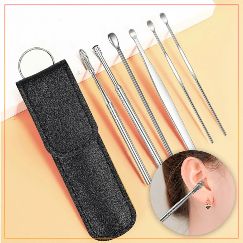 Ear Wax Cleaning Kit Set , 6 Pcs Ear Pick Tools,Spring Earwax Cleaner Tool Ear Wax Remover, Reusable Ear Cleaner for Children and Adult-Black