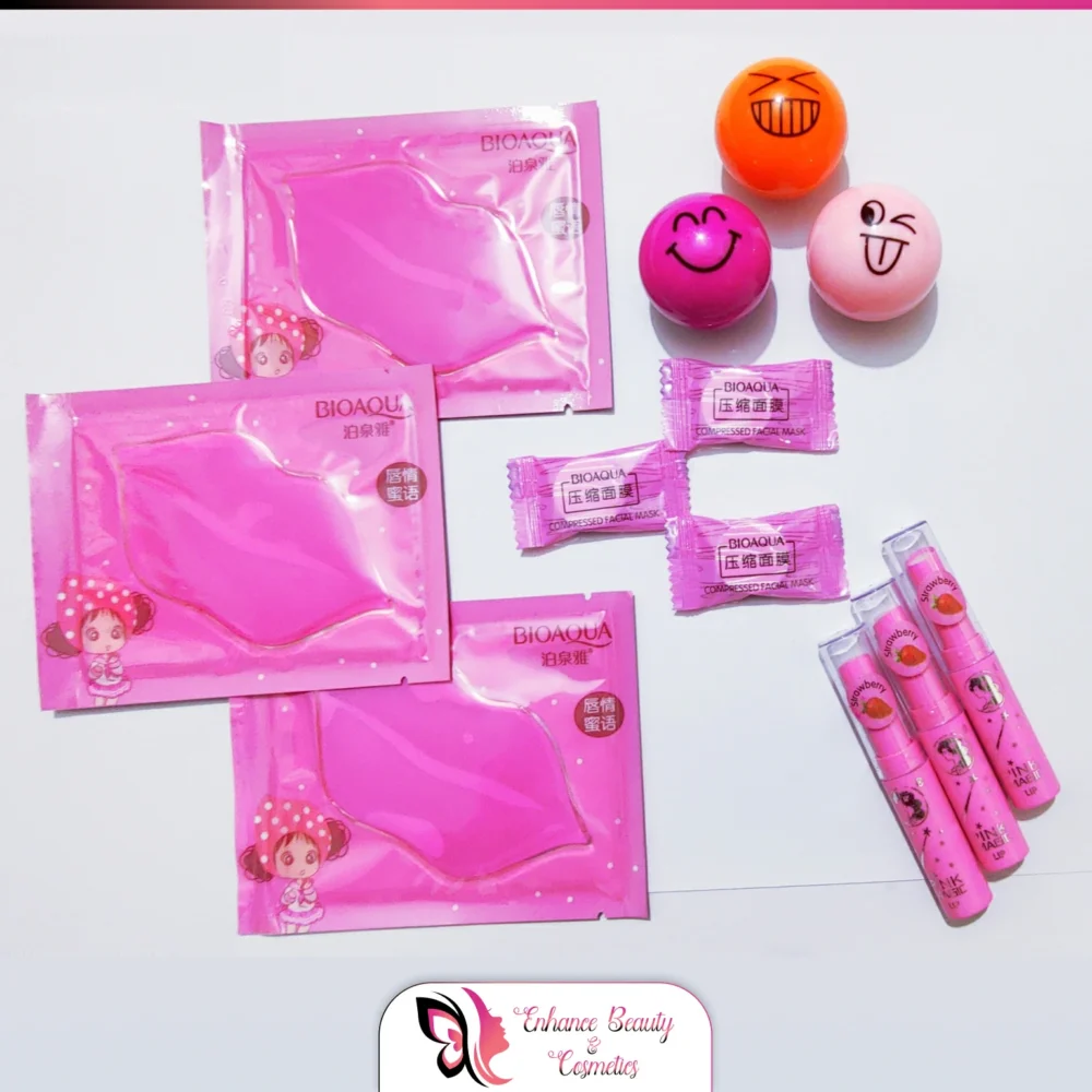 Makeup Deal - 3 Pcs Lip Sheet - 3 Pcs Compressed Mask - 3 Pcs Emoji Balm - 3 Pcs Pink Magic Lip Balm All In One 50% Off