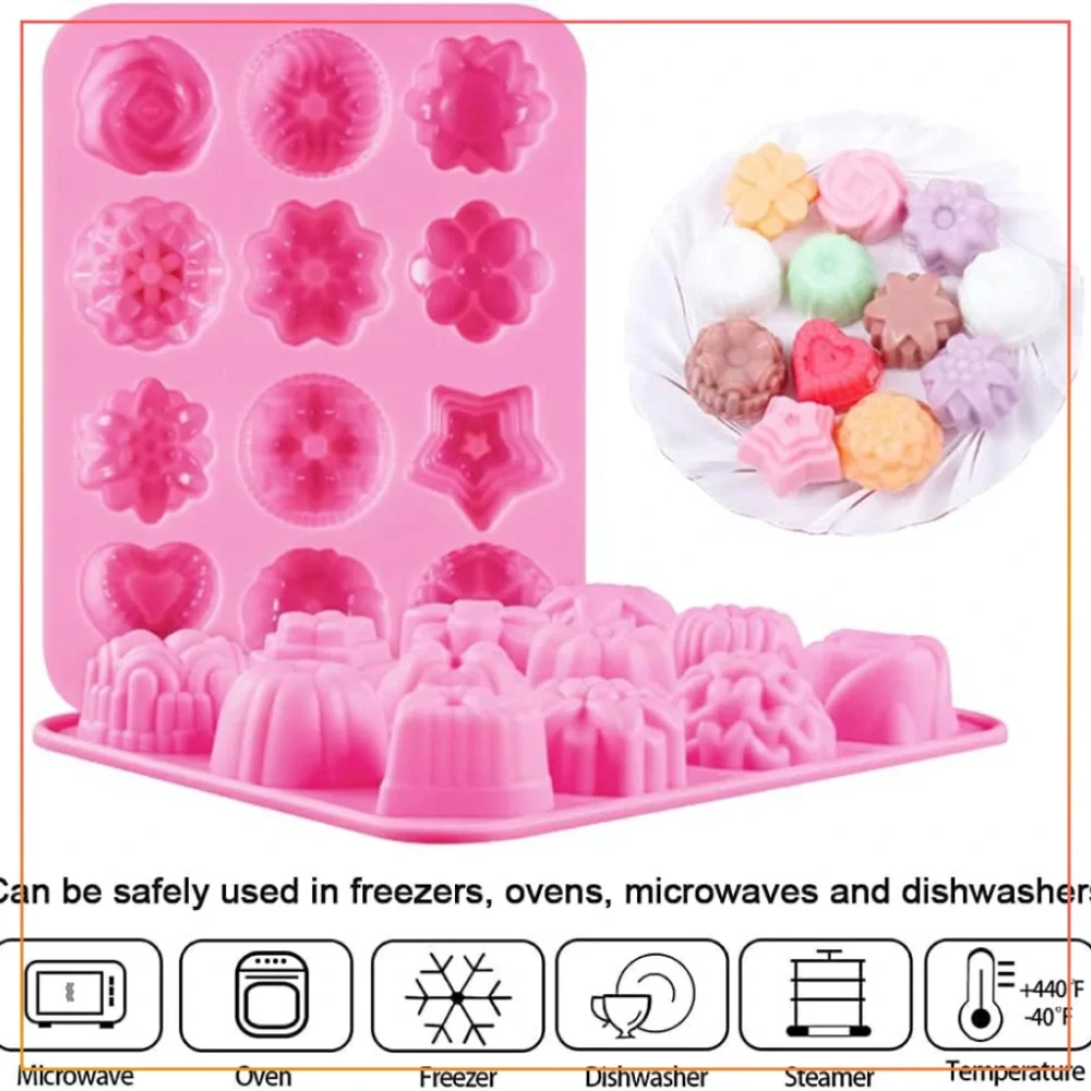 Flower Silicone Fondant Chocolate Cake Candy Mold DIY Baking Tool-12 Cavity ( Pink)
