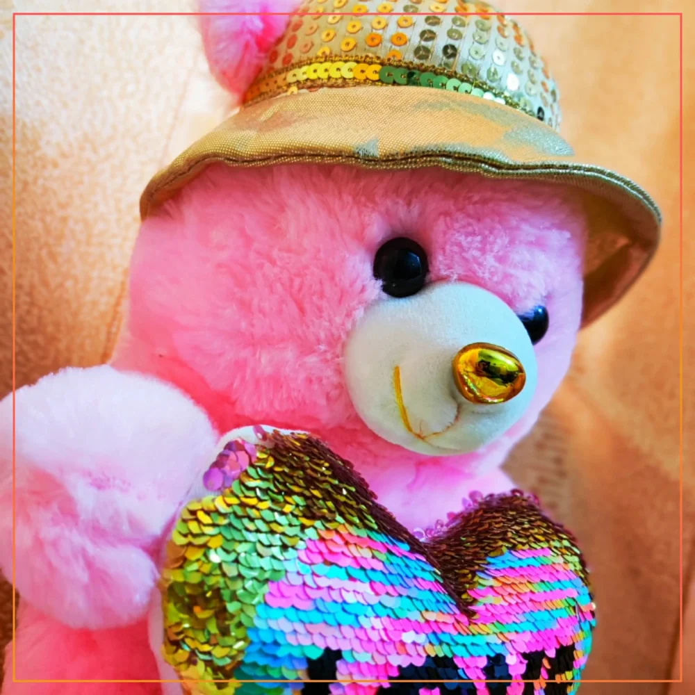 12 Inch Soft Fullfy Sequince Heart Teddy Bear For Girls/Boys/Kids | Hat And Heart Style Teddy Bear Stuff Toys -Pink