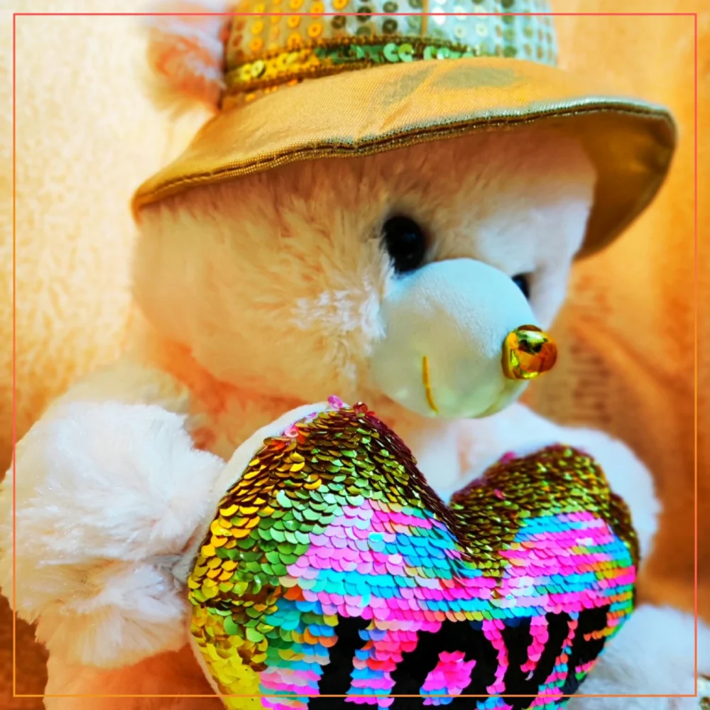 12 Inch Soft Fullfy Sequince Heart Teddy Bear For Girls/Boys/Kids | Hat And Heart Style Teddy Bear Stuff Toys -Skin