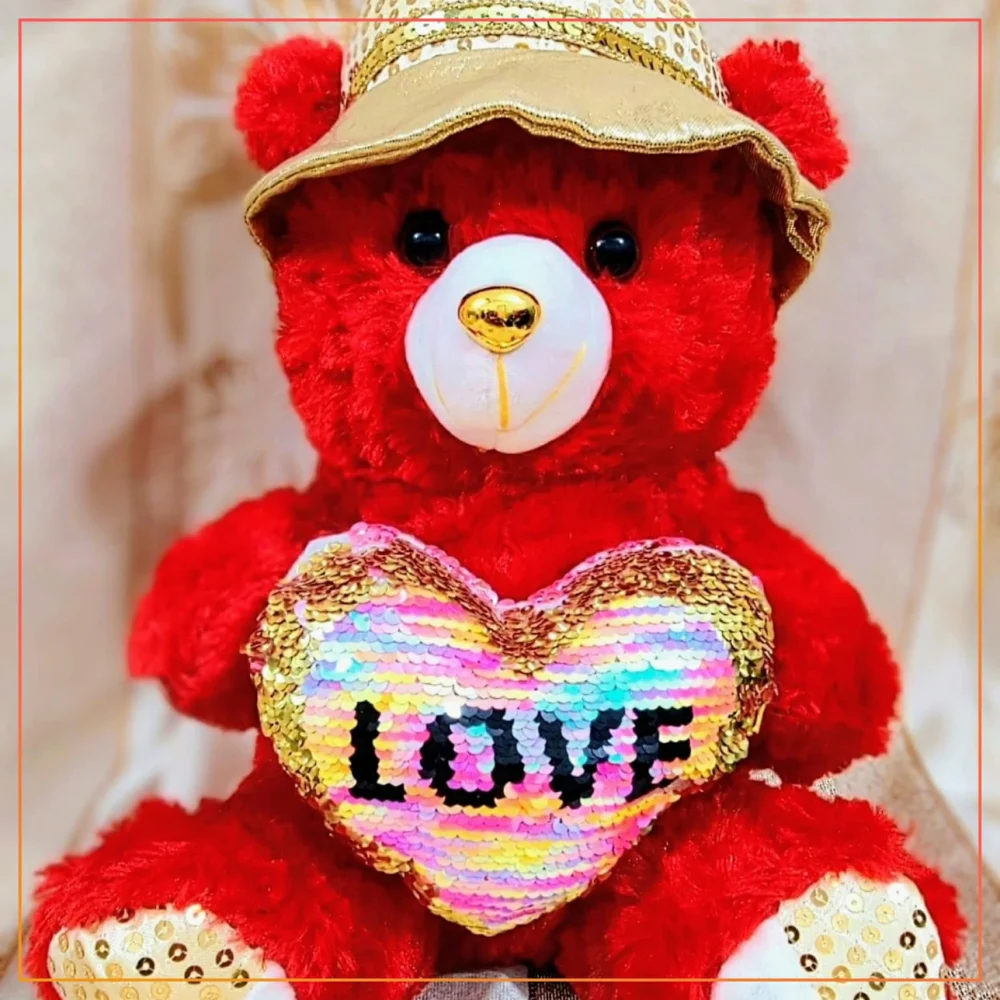 12 Inch Soft Fullfy Sequince Heart Teddy Bear For Girls/Boys/Kids | Hat And Heart Style Teddy Bear Stuff Toys-Red