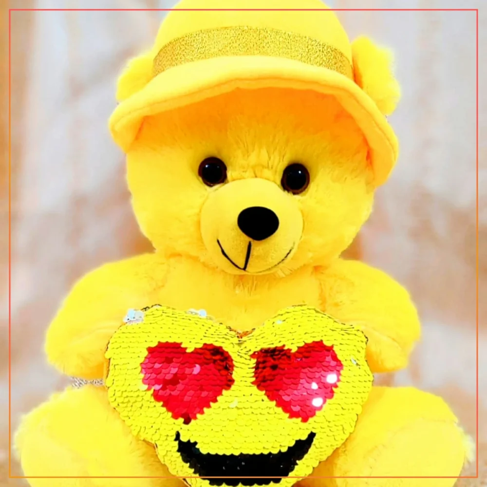 12'' Sequince Heart Fluffy Teddy Bear Hat Wear Teddy Bear for Girls/ Kids - Yellow