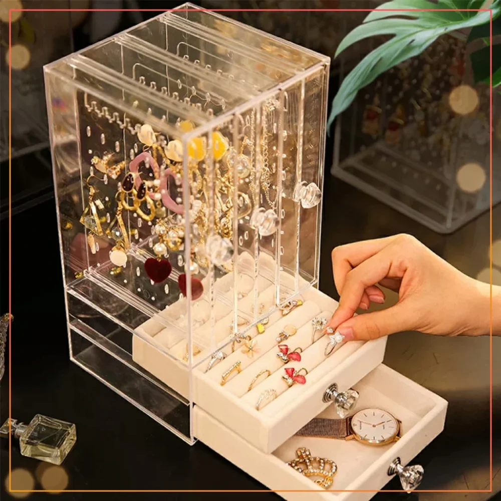3 Layer + 2 Drawer Earing And Locket Rectangle Jewellery Box With Bottom Drawers And Upper Transparent Lid