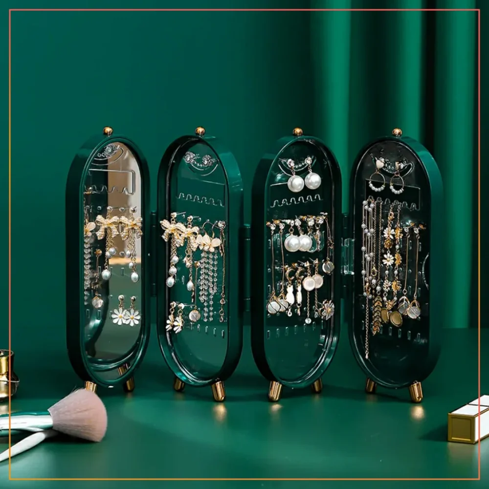 Foldable Jewellery Organizer With Mirror Transparent Jewellery Box Multi-layer Dustproof  Jewellery Holder Portable Plastic Organizer Case Ear Rings & Necklace_Hanging Holder-Teal