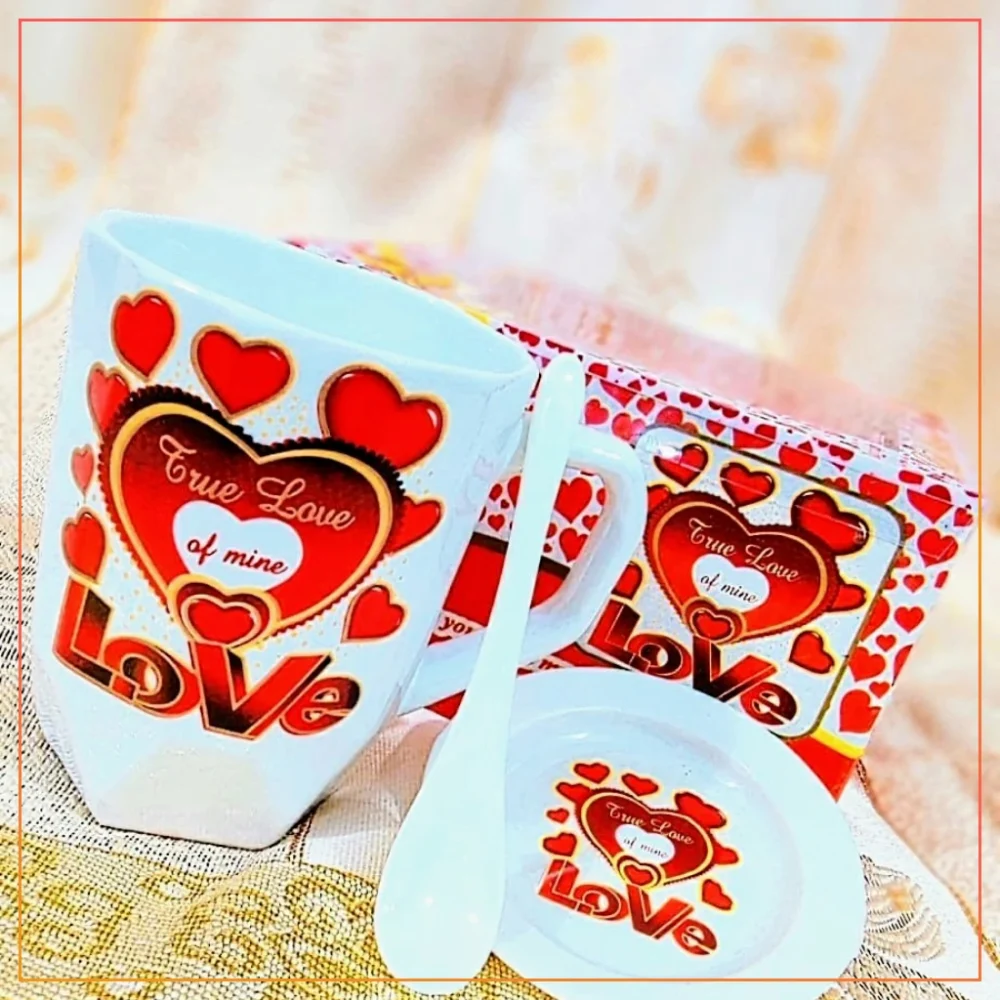 3 in 1 Tea/ Coffee Mug Set Gift Box, True Love Of Mine Printed On Coffee Cup, Set Of Cup Spoon And Lid With Box Packing Gift For Girls/ Boys/ Someone Special-Red