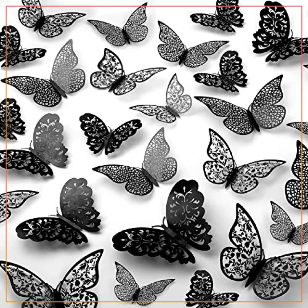 12 Pcs 3D Wall Stickers Butterfly Home Decor Wall Decals Fridge Stickers Wedding Decor-Black