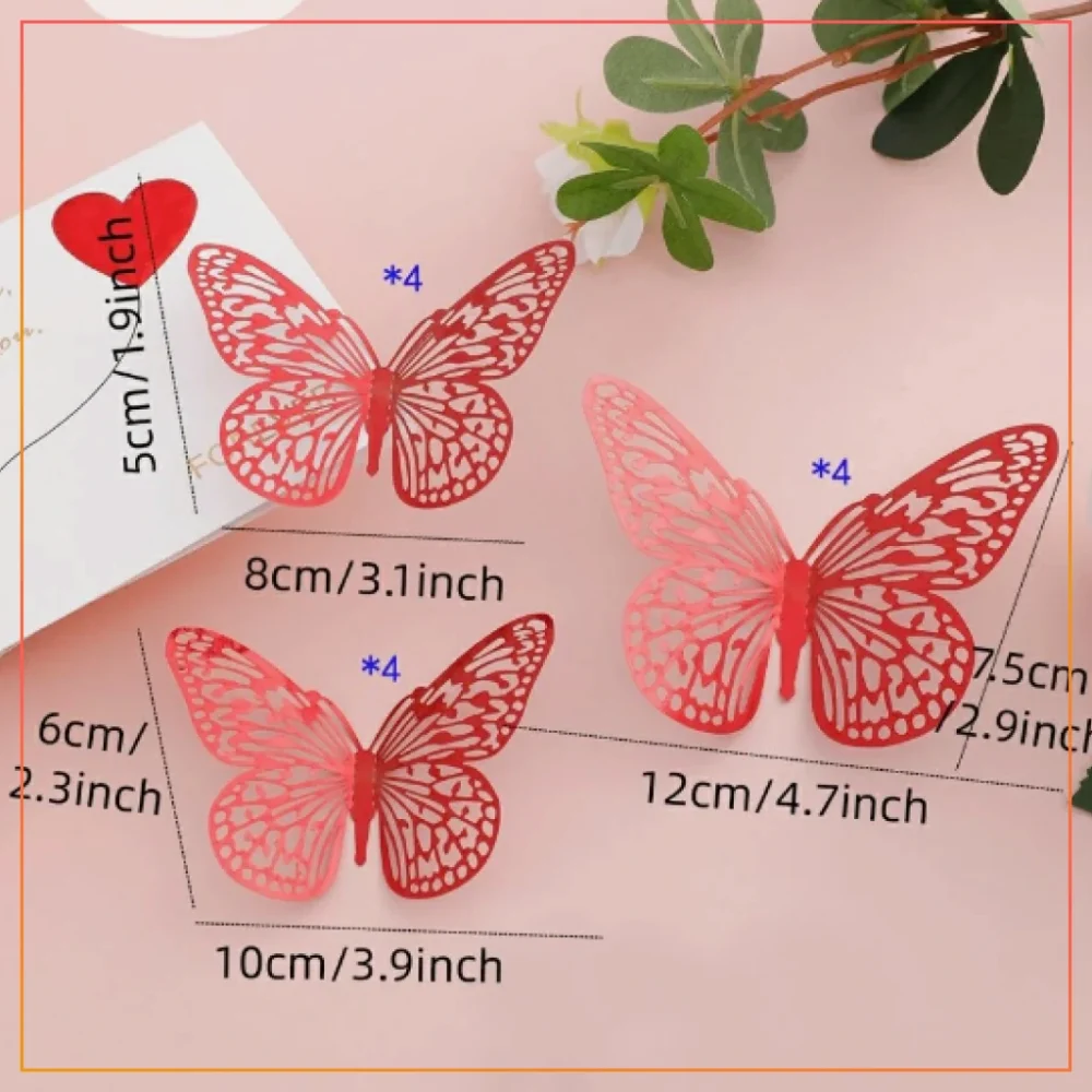 (Pack of 3) 3D Butterflies Wall Decor Wall Stickers 3 Size Removable Butterfly Decorations For Bedroom Living Room Home Party -Maroon