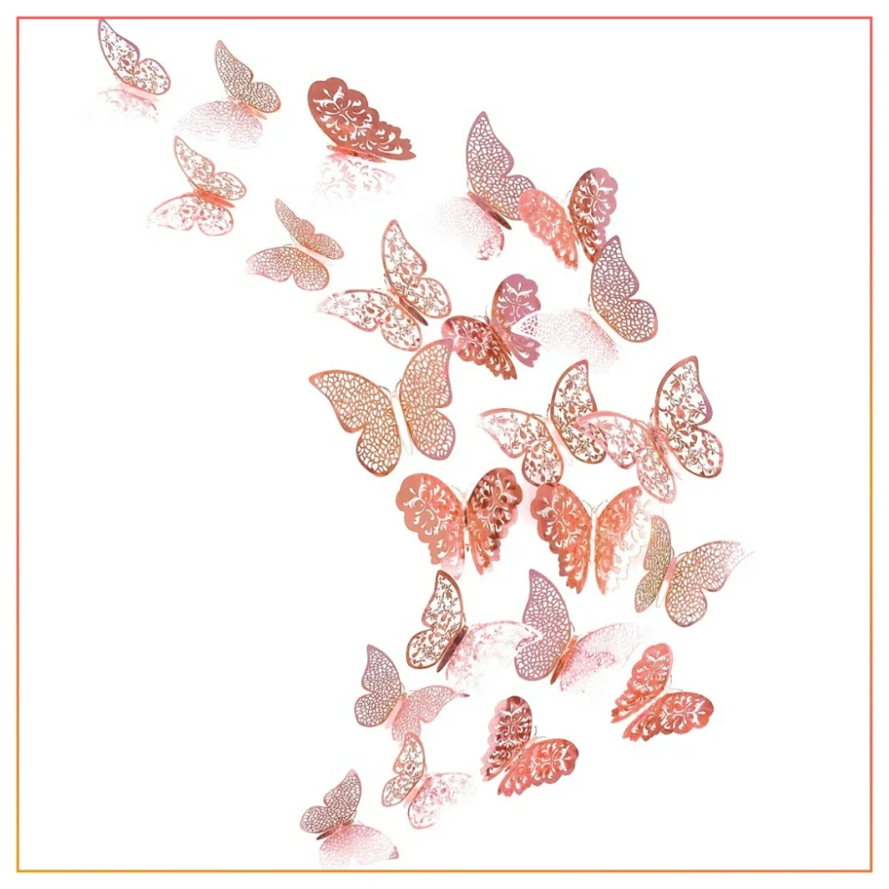 Pack of 12 3D Metallic Butterfly Wall Sticker Home Decor Assorted Styles 3 Sizes, Removable Reusable Stickers for Wall-Rose Gold