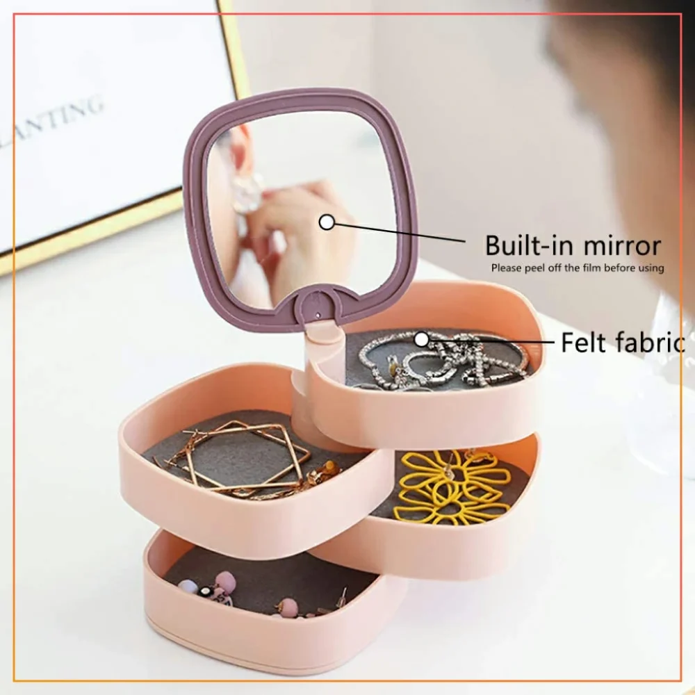 4 Layer Plastic Mirror Jewelery Box Square 360 Degree Rotating Jewelry Box-Pink