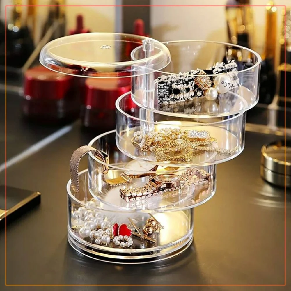 Jewellery Organizer Box 4 Layers Transparent 360° Rotating Jewelry Box Spin Holder for Necklace Bracelet Ring Earring Small Items Transparent Container Case