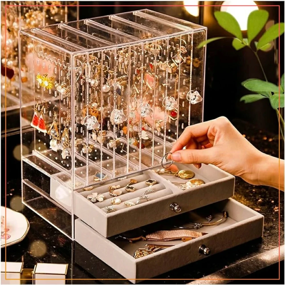 5 Layer + 2 Drawer Earing And Locket Rectangle Jewellery Box With Bottom Drawers And Upper Transparent Lid
