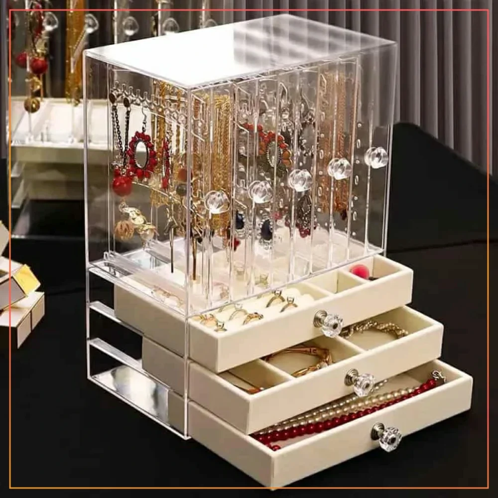 5 Layer + 3 Drawer Earing And Locket Rectangle Jewellery Box With Bottom Drawers And Upper Transparent Lid