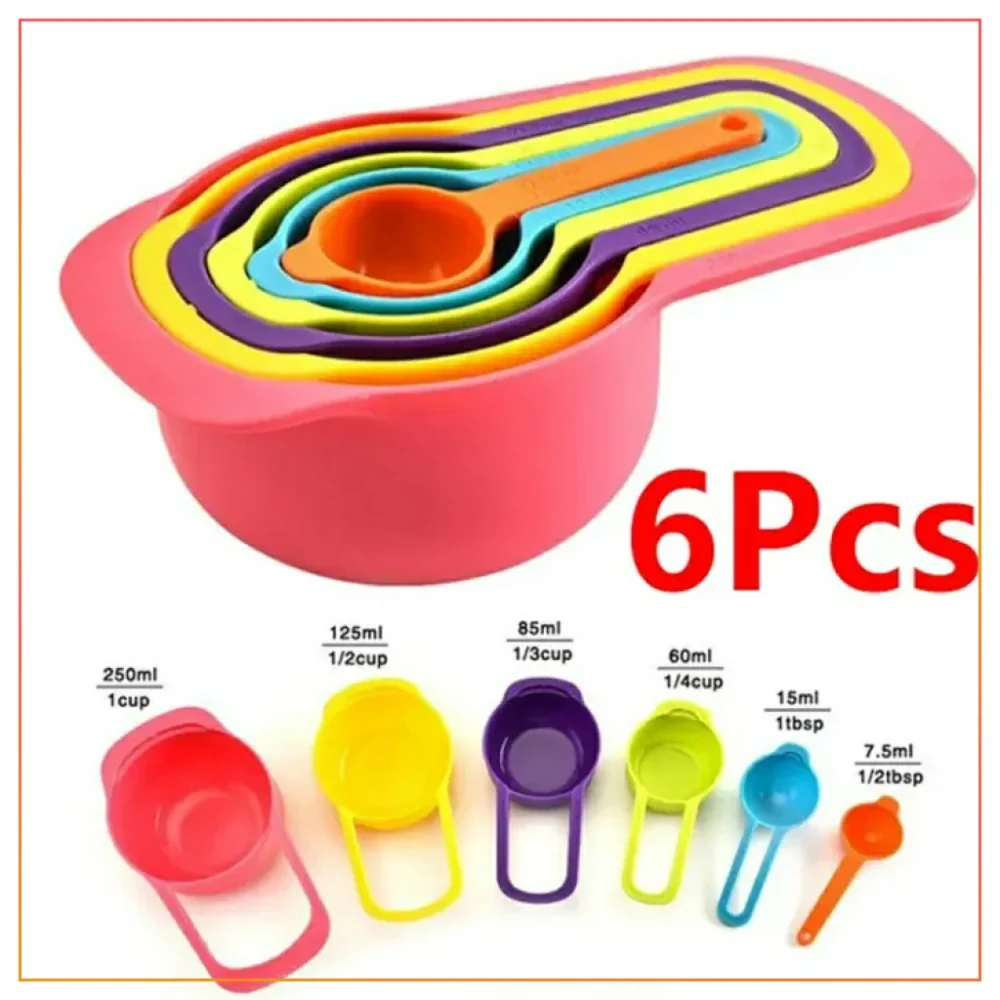 6 Pieces Measuring Spoons And Cups Plastic , Measuring Spoon Scoop With Scale For Cooking Measuring-Multicolor