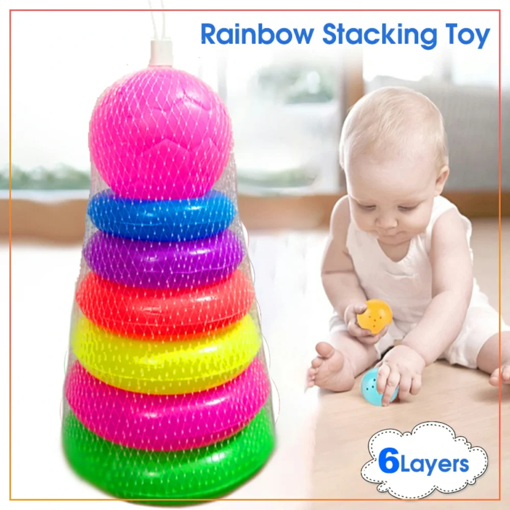 Rainbow Ball Ring Tower Stacking Rings Activity Toy For Kids- 6 Rings