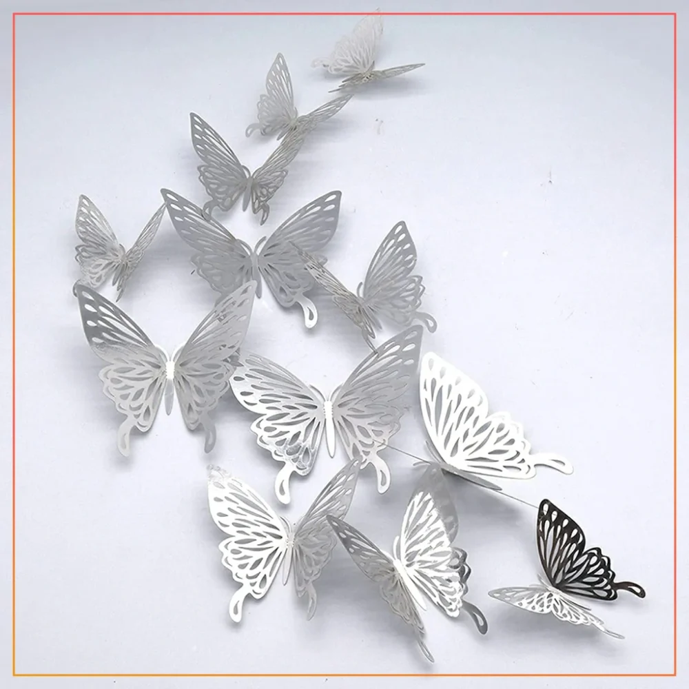 (Pack Of 12) Silver 3D Metallic Butterfly For Decor,Living Room Wedding Decoration , Butterflies Fridge Kids Bedroom Nursery Sticker, Arts & Craft 