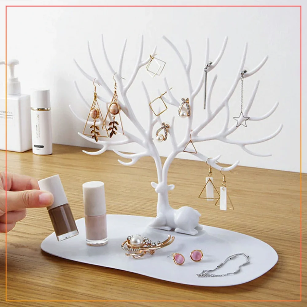 Deer Jewellery Organizer Tree | Ear Rings & Necklace Hanging Holder Display | Jewelry Box Vanity Hanger Stand Fold able-White