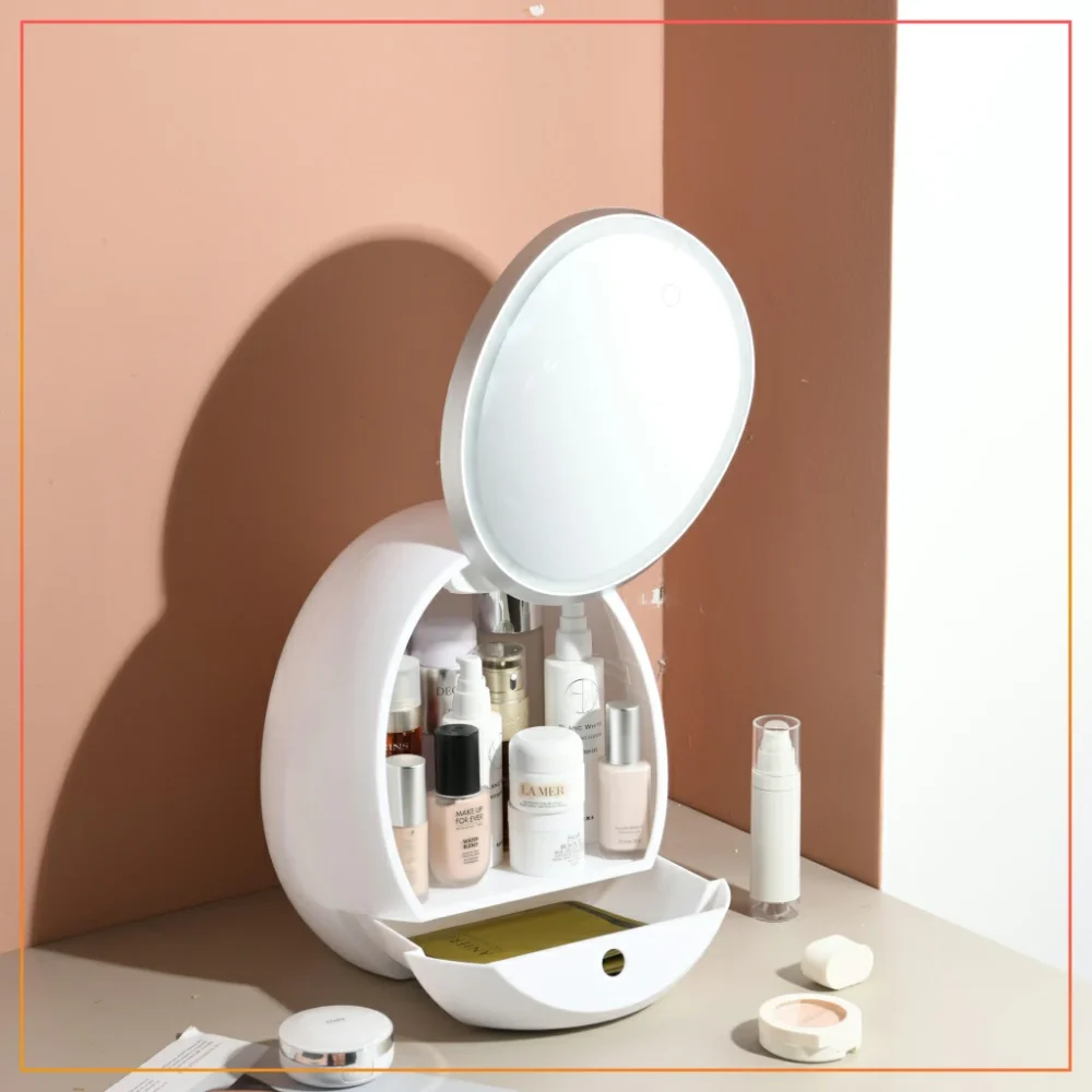 Egg Shape LED Light Cosmetic Box Desktop Organizer With Drawers  HD Mirror Makeup Organizer Storage Box-White