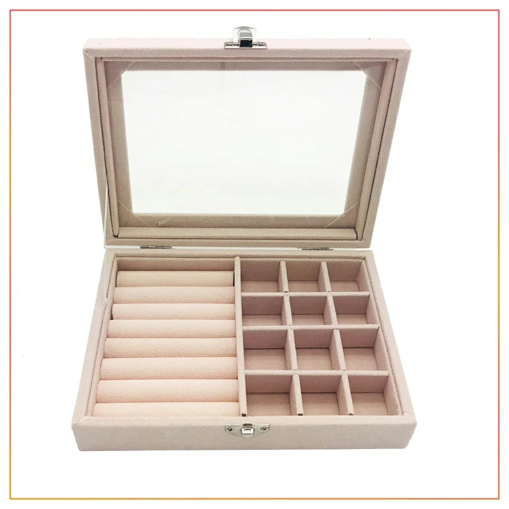 Velvet Glass Jewellery Box For Girls With Glass Cover Jewelry Display Box Tray Holder Storage Box Organizer-Beige