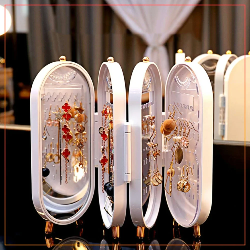 Foldable Jewellery Organizer With Mirror Transparent Jewellery Box Multi-layer Dustproof  Jewellery Holder Portable Plastic Organizer Case Ear Rings & Necklace_Hanging Holder-White