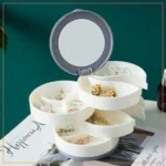 Round Jewelry Storage Box Multilayer Rotating Jewelry Stand Earrings Ring Box Cosmetics Beauty Container Organizer With Mirror-White