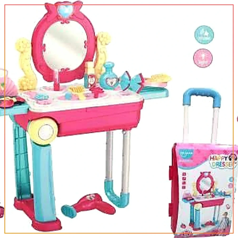 2 in 1 Kids Dressing Table and Portable Briefcase With Light and Sound - Girls Pretend Play Game Set