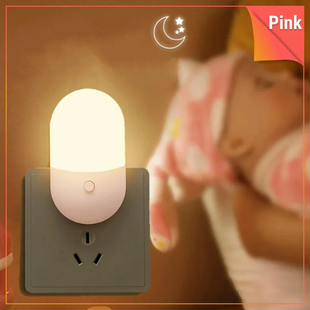 Intelligent LED Lights Bedroom Bedside Lamp Wall Socket Plug Night Light 2 Modes Night Light Warm and Cold Light-Pink