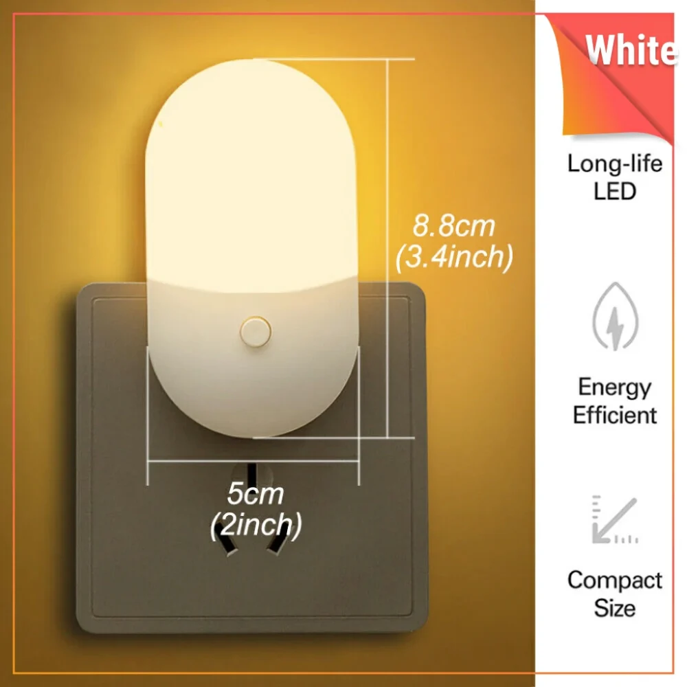 Intelligent LED Lights Bedroom Bedside Lamp Wall Socket Plug Night Light 2 Modes Night Light Warm and Cold Light-White