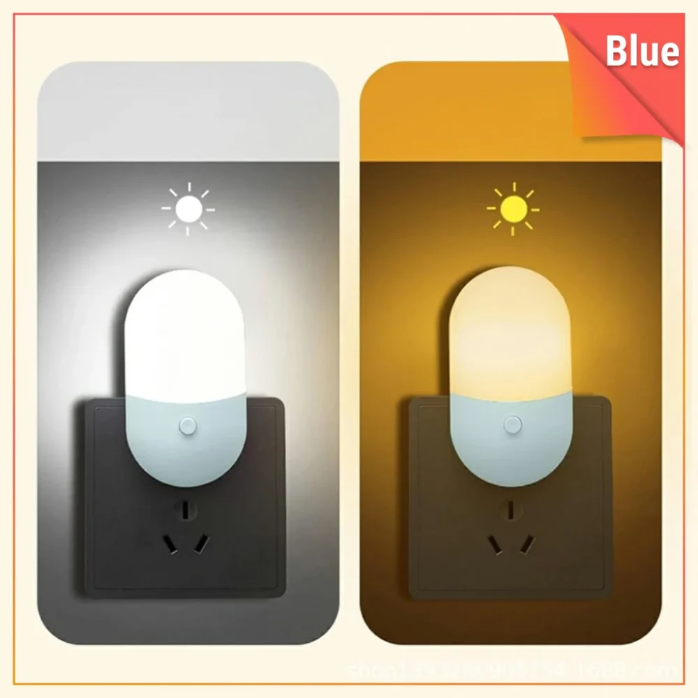 Intelligent LED Lights Bedroom Bedside Lamp Wall Socket Plug Night Light 2 Modes Night Light Warm and Cold Light-Blue