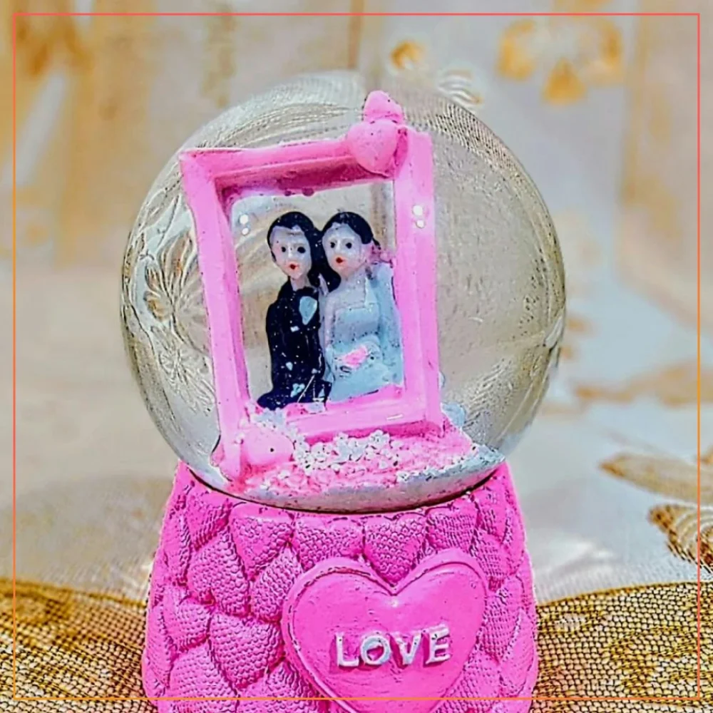 Snowy Liquid Filled Glass Couple Dome - Automatic Lighting & Dancing Couple Floral Stage Dome Anniversary Gift Love Couple Dome With Light-Pink