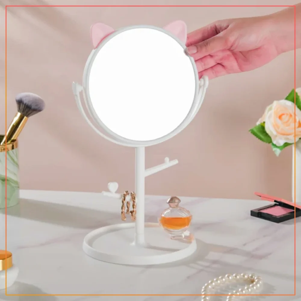 Cosmetic Mirror With Storage Tray Cat Ears with Small Stand for Makeup ,Cute Rotatable Round Makeup Mirror-White