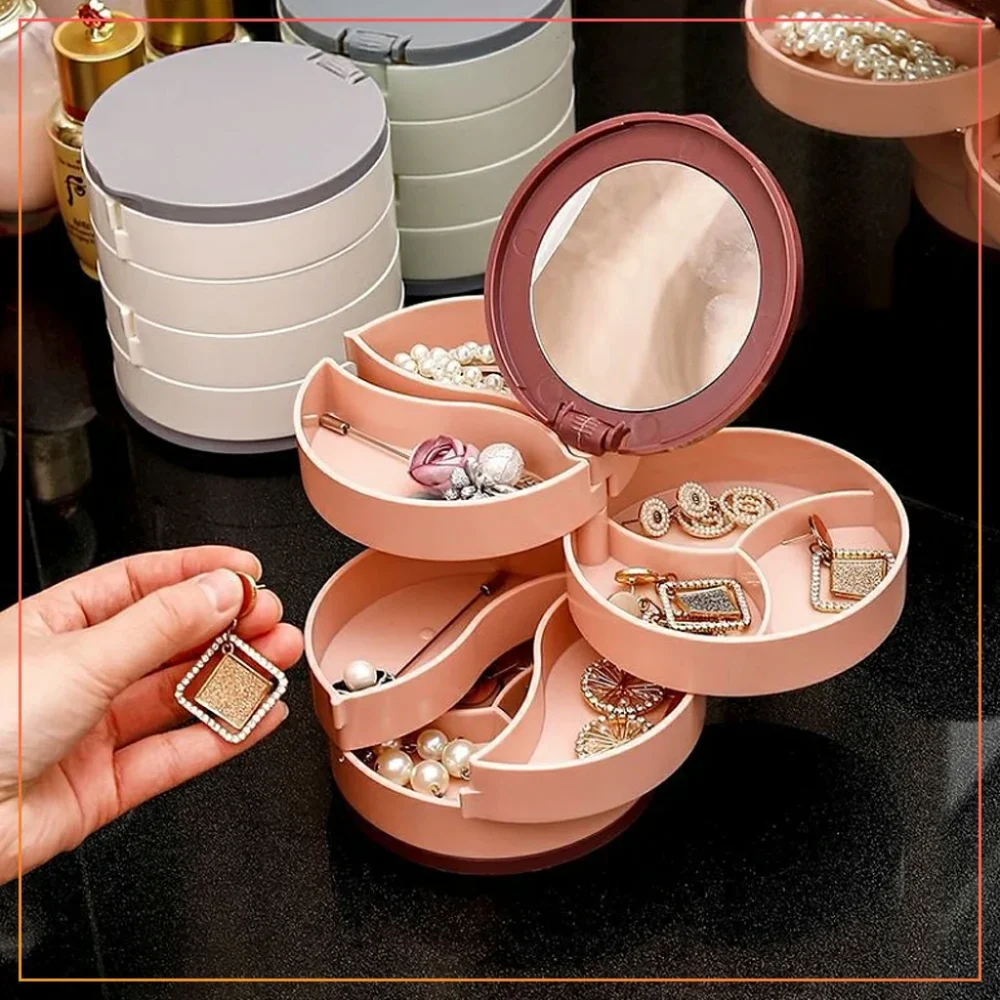 Round Jewelry Storage Box Multilayer Rotating Jewelry Stand Earrings Ring Box Cosmetics Beauty Container Organizer With Mirror-Pink