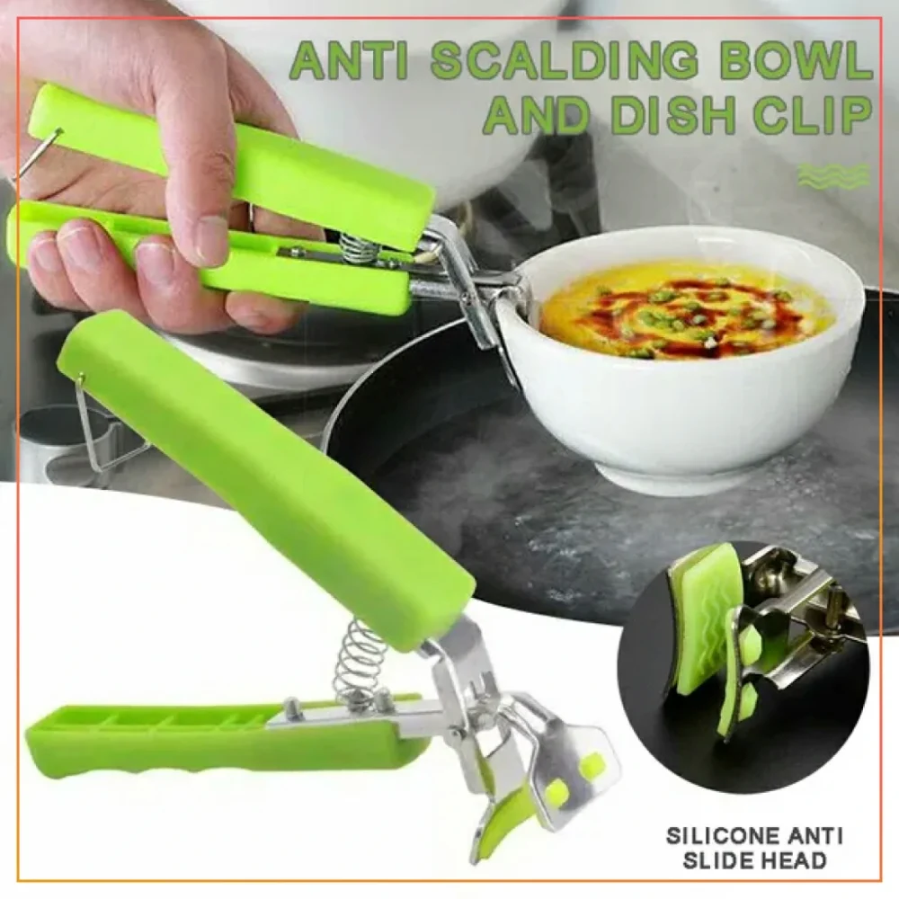 Pan Gripper Clip Hot Dish Plate Bowl Clip Retriever Tongs Silicone Handle Kitchen Tool Holder - Green