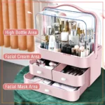 Rectangle Cosmetics Storage Box, Makeup Case, 2 Side Open Transparent Lid, Jewelry Case, Accessory Makeup Holder-Pink