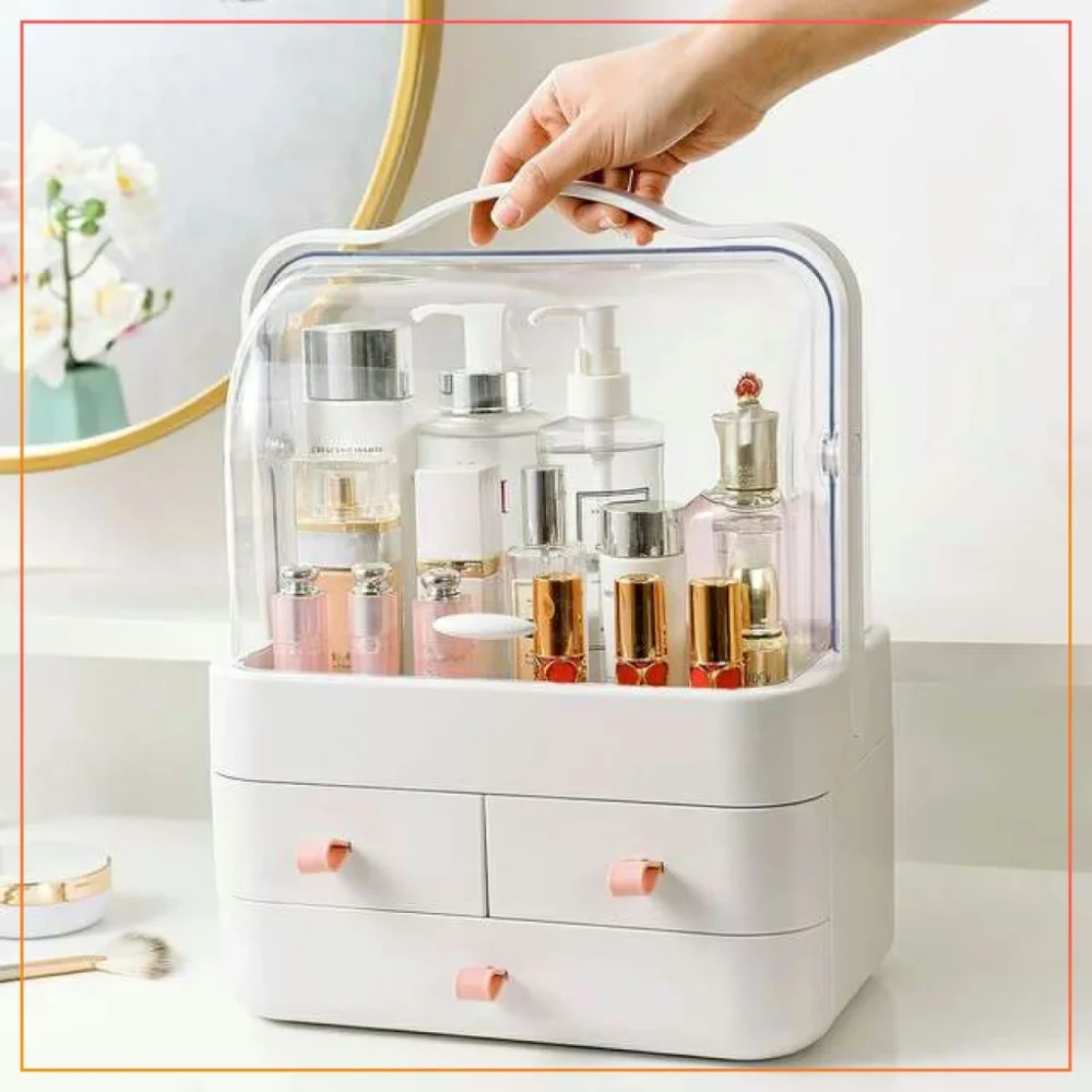 Rectangle Cosmetics Storage Box, Makeup Case, 2 Side Open Transparent Lid, Jewelry Case, Accessory Makeup Holder-White