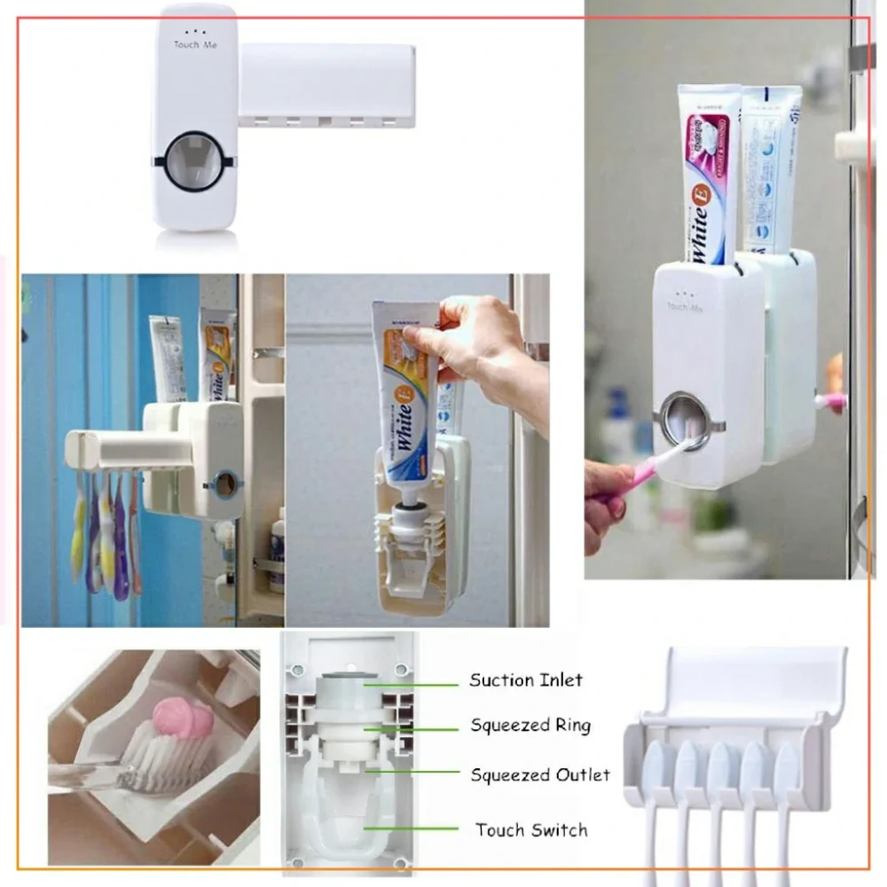 Toothpaste Dispenser & Toothbrush Holder -Wall Mounted Toothpaste Dispenser With 5 Toothbrush Holder Set 