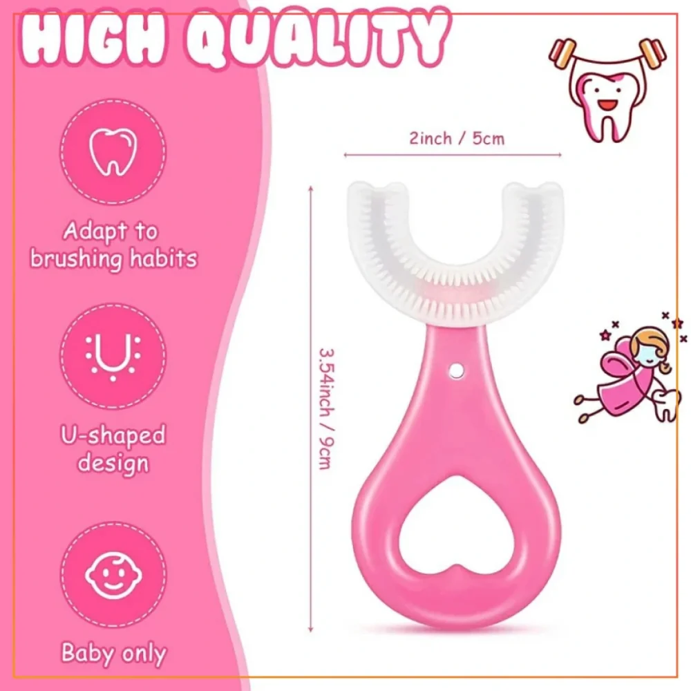 Baby U Shape Silicone Toothbrush For Kids, Teeth Cleaning Brush  Mouth Oral Cleaning Brush Infant Soft Bristle 360 Degrees Toothbrush For Toddlers & Baby Accessories-Pink