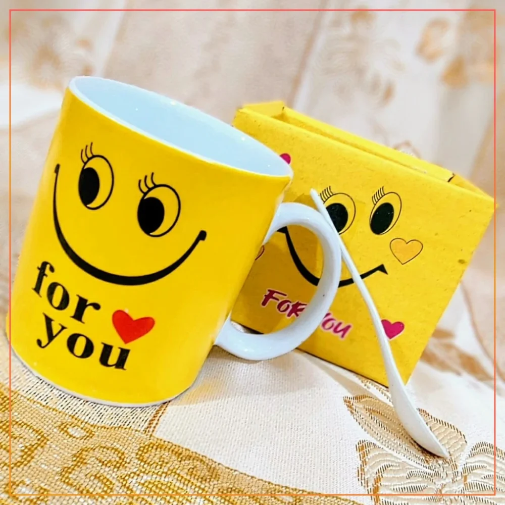 Smile Emoji Coffee Mug - Tea Cup Set with Spoon - Love For You print - Gift Box Packing - Yellow - 300ml