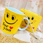 Smile Emoji Coffee Mug - Tea Cup Set with Spoon - Love For You print - Gift Box Packing - Yellow - 300ml