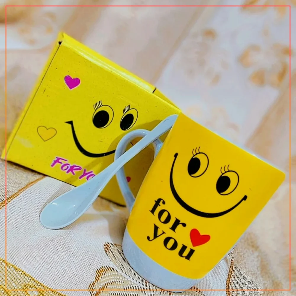 Smile Emoji Coffee Mug - Tea Cup Set with Spoon - Love For You print - Gift Box Packing - Yellow - 300ml (Copy)