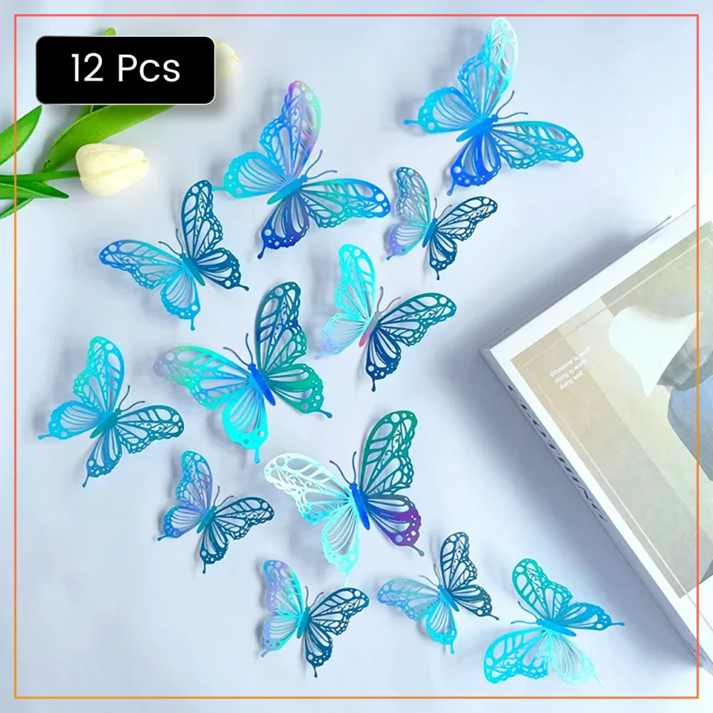 12pcs Aqua Blue 3D Butterfly Stickers – Vibrant Wall & Event Décor – Easy Peel & Stick Design