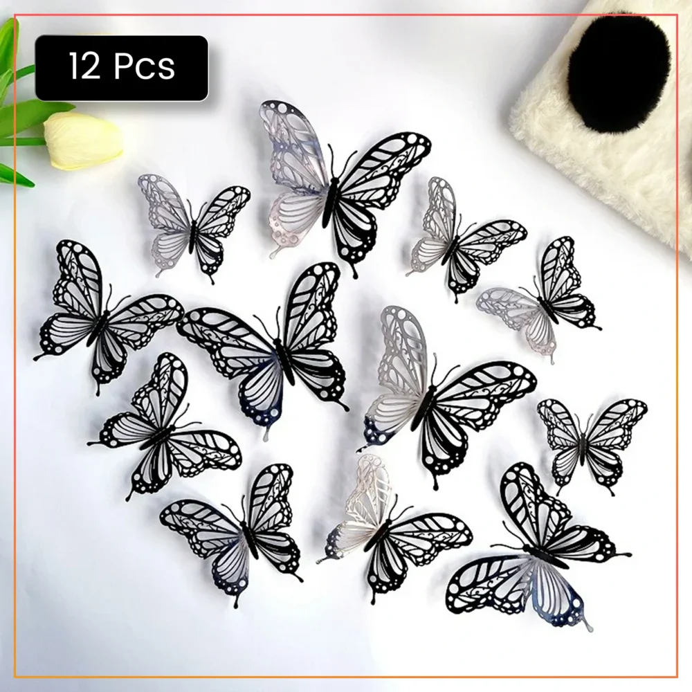 Stylish 12pcs Black 3D Butterfly Wall Stickers – Elegant Home, Office & Event Decoration – Premium Design
