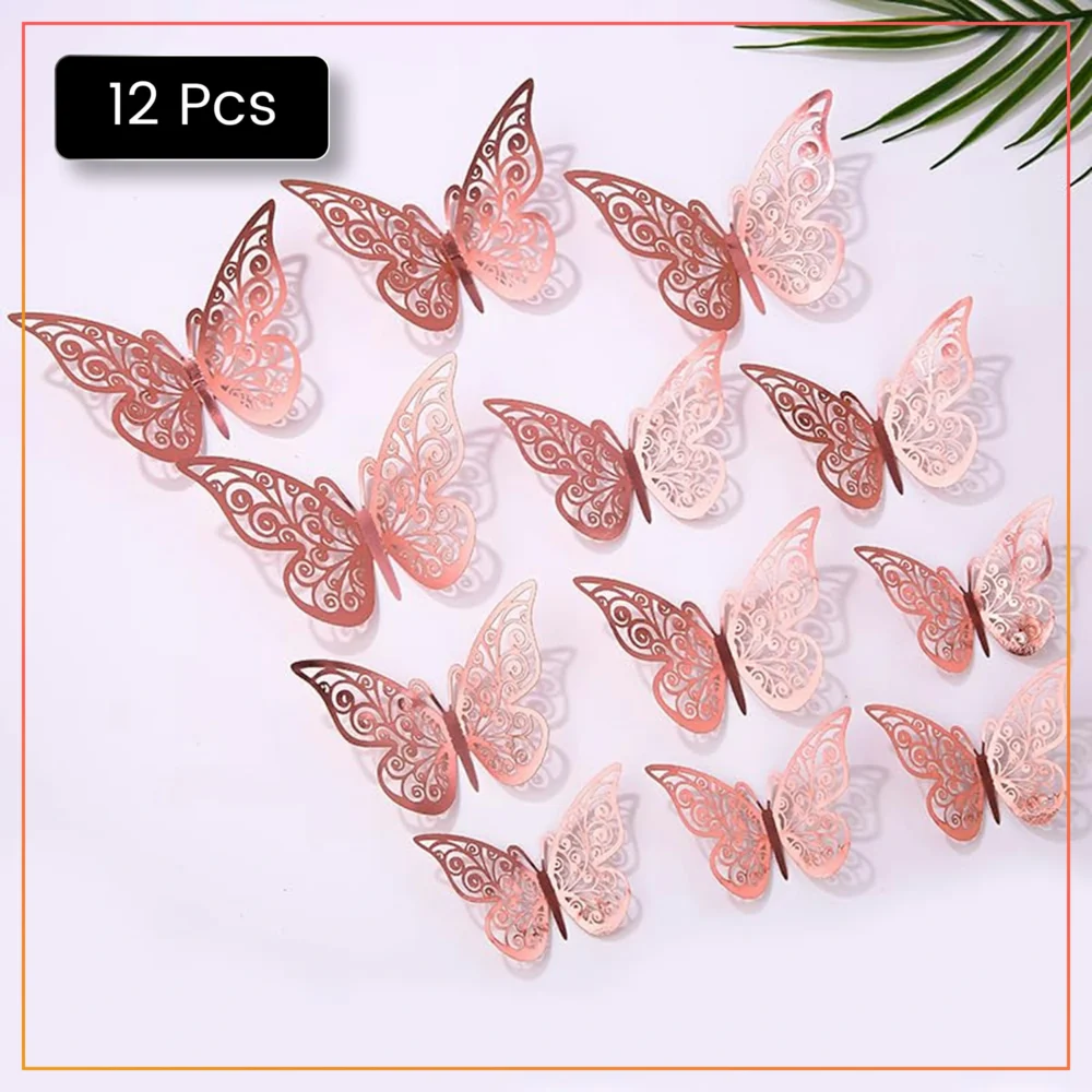 12pcs Rose Gold 3D Butterfly Stickers – Chic Removable Wall & Event Décor for Home & Celebrations
