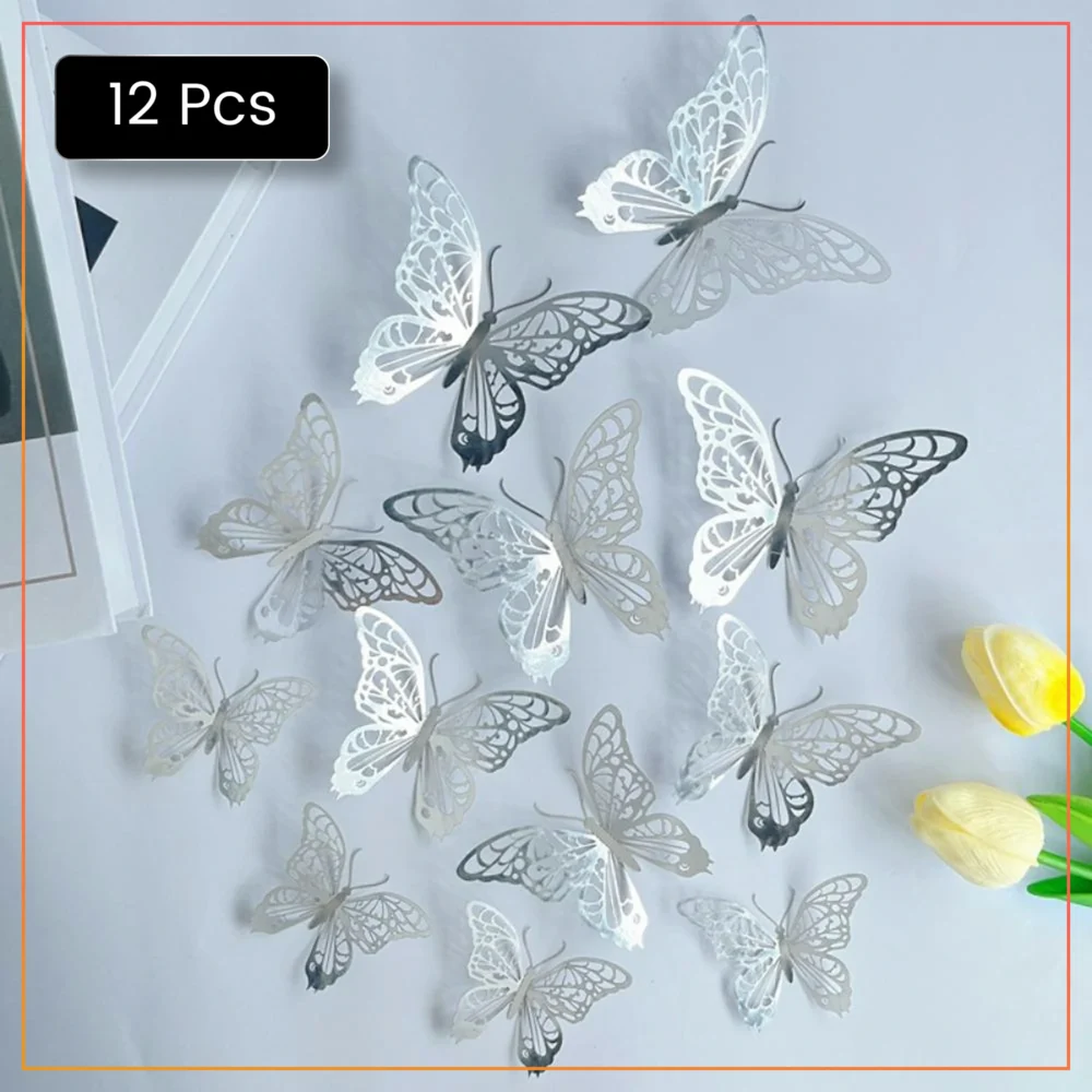 12pcs Silver 3D Butterfly Wall Art – Removable Modern Home, Party & Office Decoration – Premium Quality