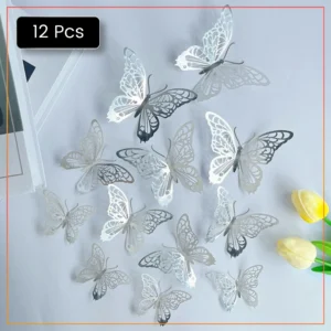 12pcs Silver 3D Butterfly Wall Art – Removable Modern Home, Party & Office Decoration – Premium Quality