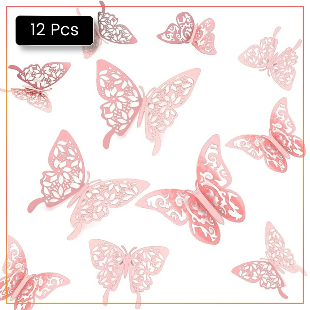 Romantic 12pcs Tea Pink 3D Butterfly Wall Stickers – Perfect for Weddings, Baby Showers & Room Décor