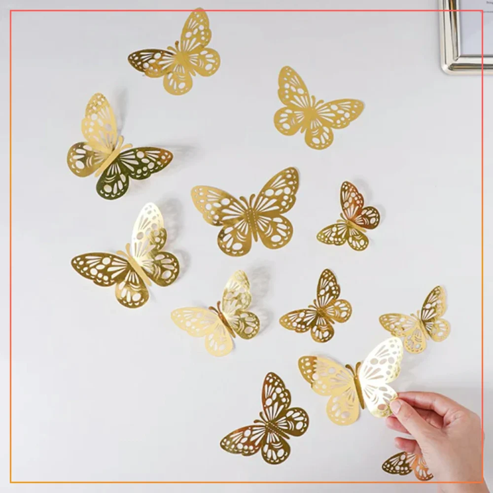Elegant 12pcs 3D Butterfly Wall Stickers – Removable Room, Event & Gift Décor – Golden Metallic Finish