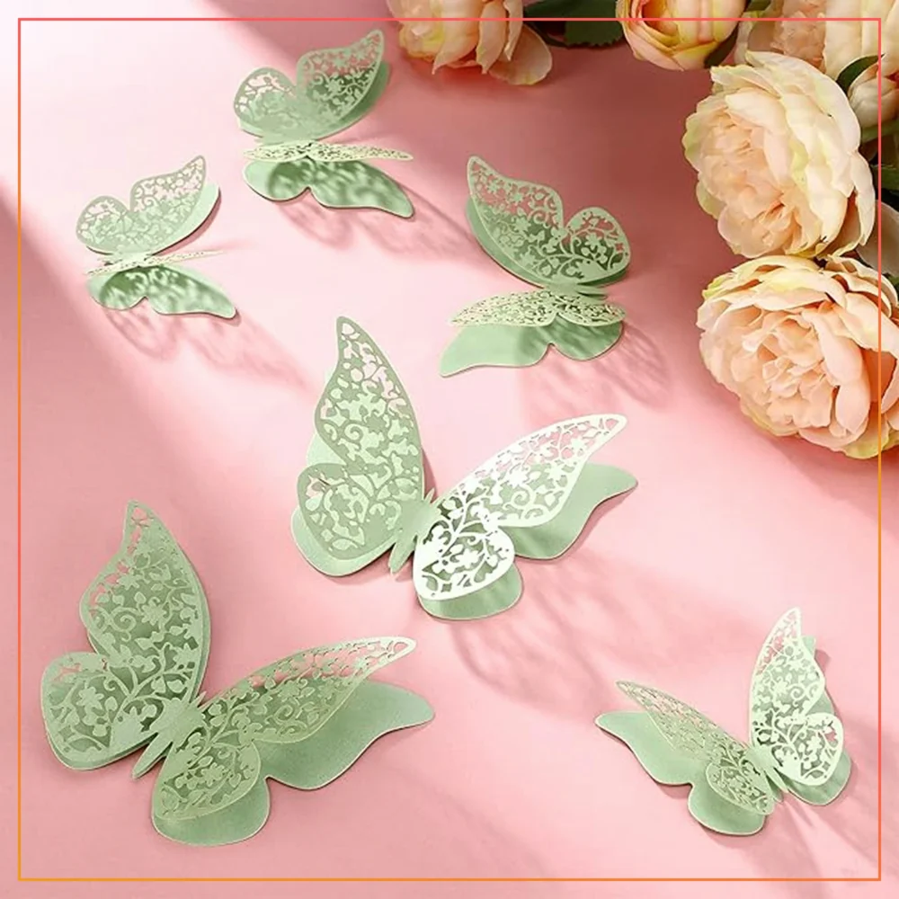Nature-Inspired 12pcs Sage Green 3D Butterfly Stickers – Perfect for Wall, Garden & Event Decoration